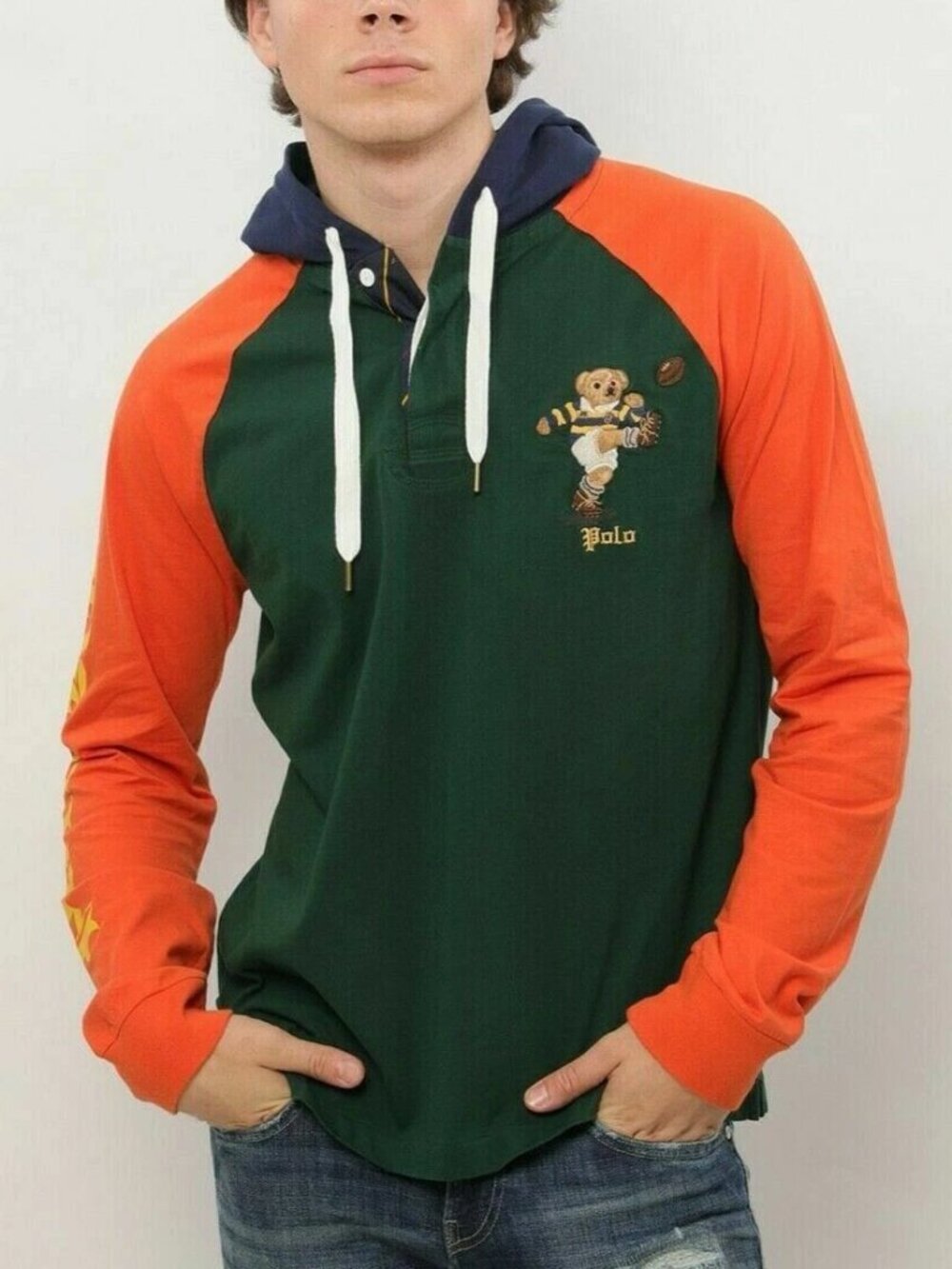 POLO RALPH LAUREN Cotton Graphic Hoodie Green Orange Sz M
